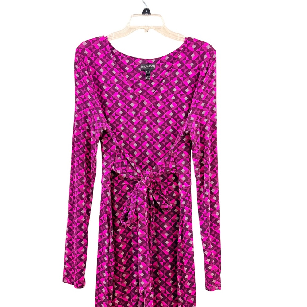 Long Tall Sally fushcia geo print belted midi dress - Picture 5 of 13
